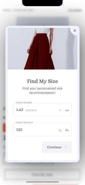 Size It widget — Find My Size screen